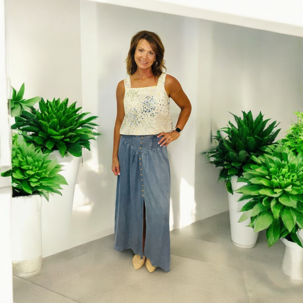Denim Front Slit Maxi Skirt