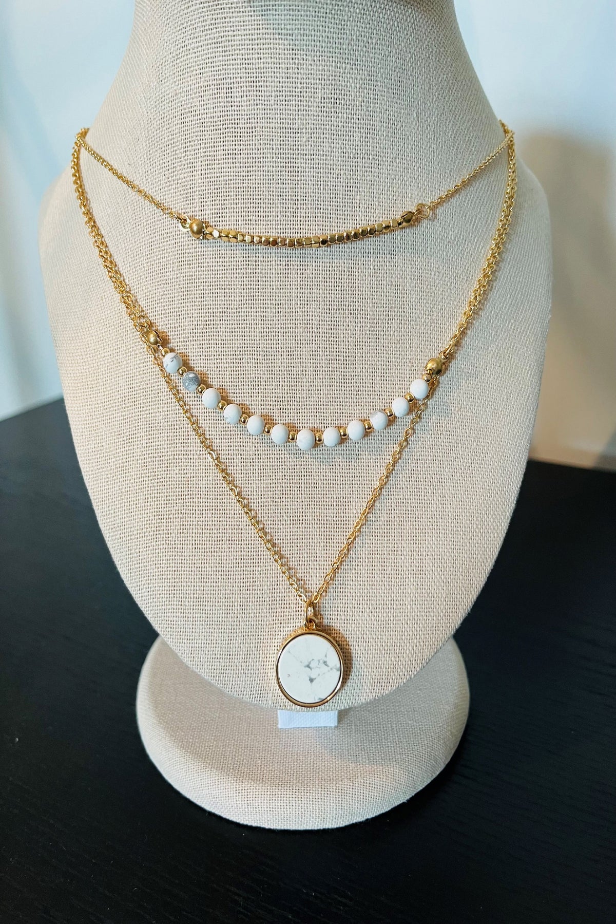 Gold with White Marble Pendant Necklace